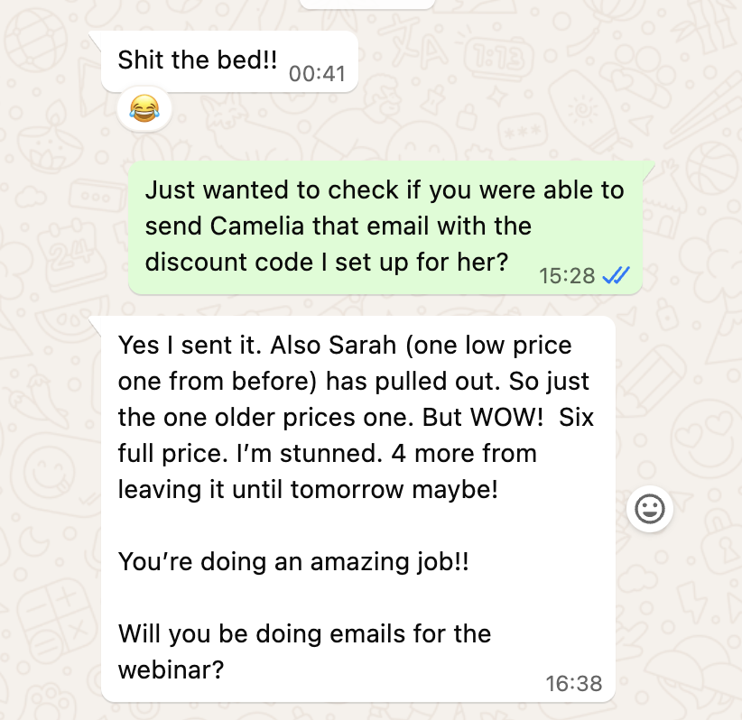 Julian Baker message showing $21,000 generated in first 3 months with no paid ads